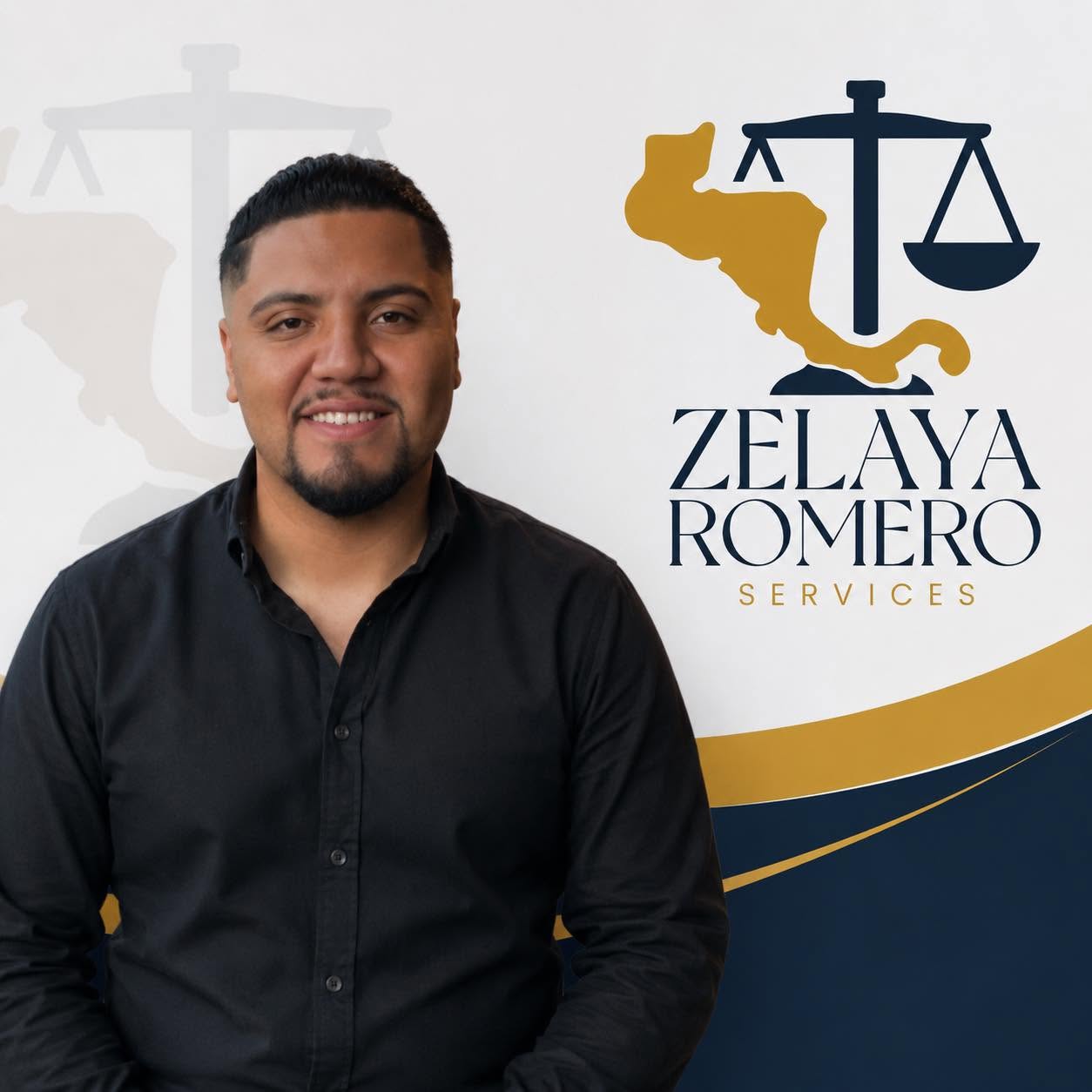Héctor Zelaya Romero junto al logo de Zelaya Romero Services